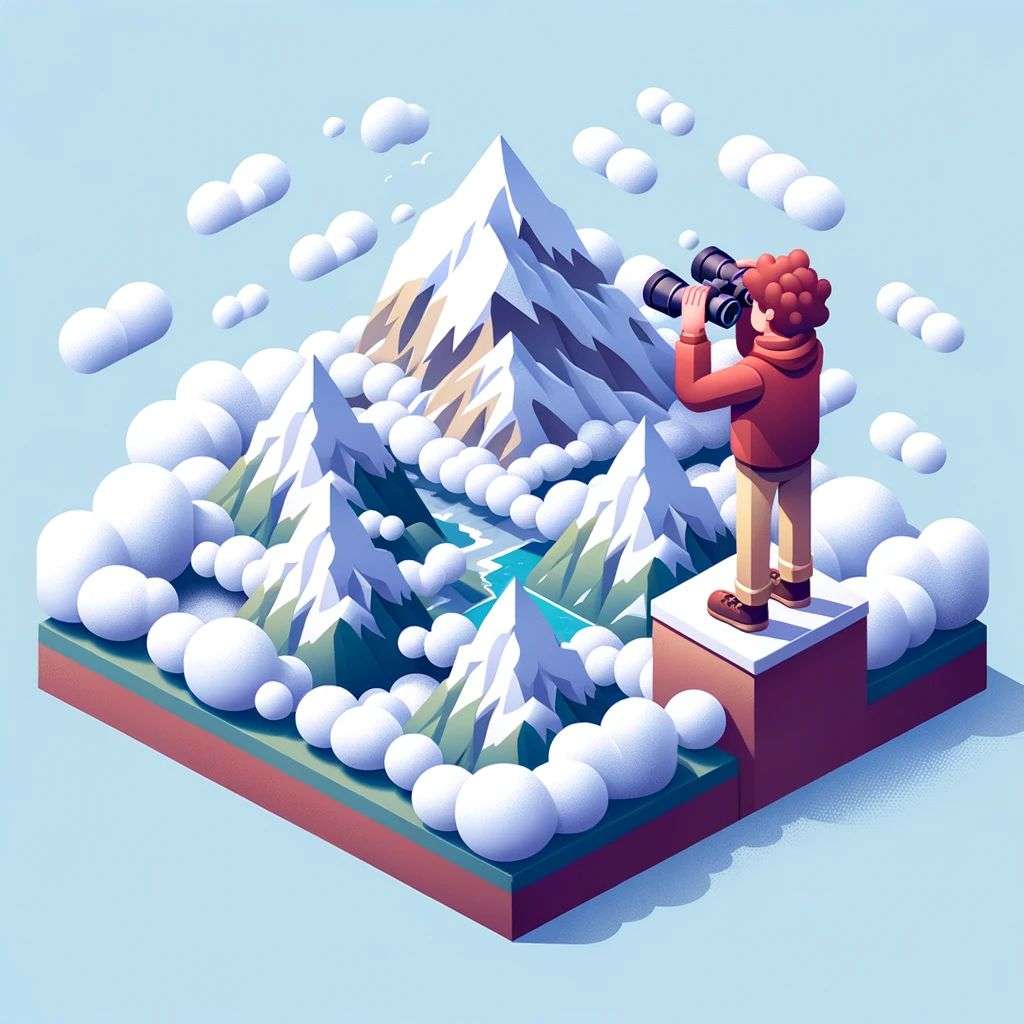 someone gazing at Mount Everest, isometric art